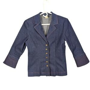 O.M.G. Collection Jacket Womens Size 6 Blue Denim 3/4 Sleeve Button Up USA Made